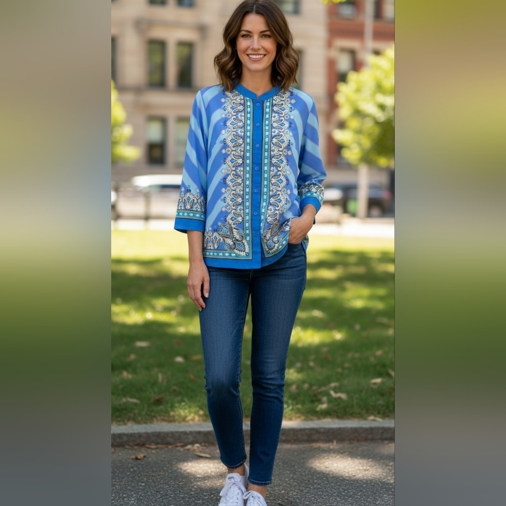 Bob Mackie Wearable Art Purple, Blue Gold And White Button-Down Tunic Women's M